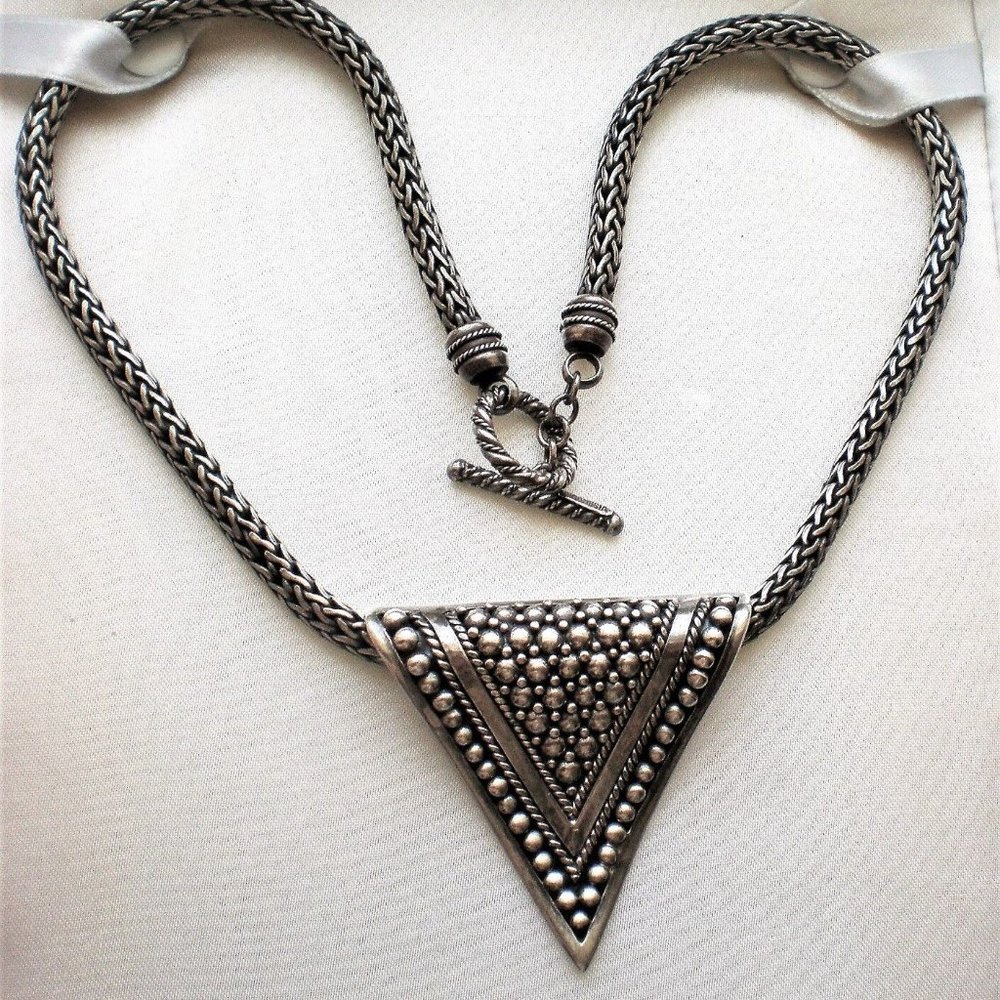 Indonesia Designer Sterling Silver Triangle Pendant Wheat Necklace Chain 101 g. - Picture 5 of 9
